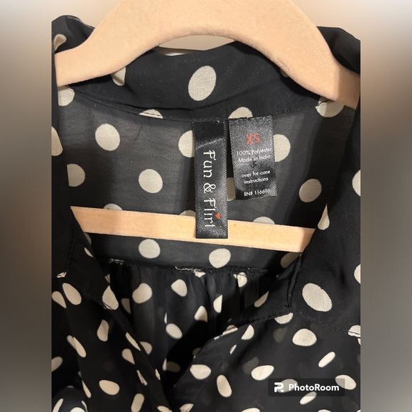 NWOT XS black blouse with white polka dots button down with breast pockets - Picture 3 of 5